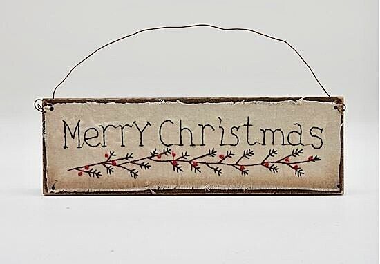 Primitive Farmhouse Merry Christmas Embroidered Wood Sign 11&quot;X4&quot; Folk art - The Primitive Pineapple Collection