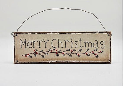 Primitive Farmhouse Merry Christmas Embroidered Wood Sign 11&quot;X4&quot; Folk art - The Primitive Pineapple Collection