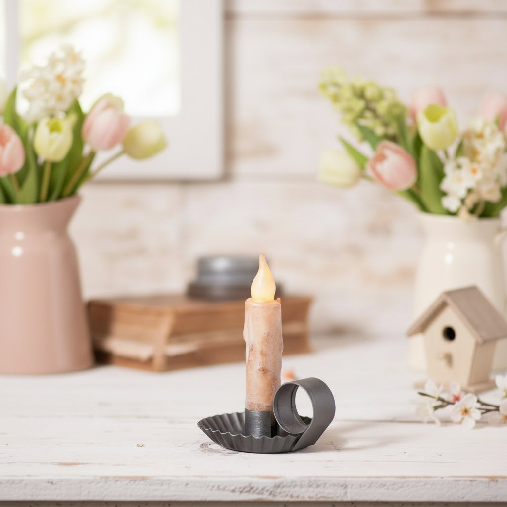 Primitive Colonial Chamberstick Taper Candle Holder Antique Tin - The Primitive Pineapple Collection