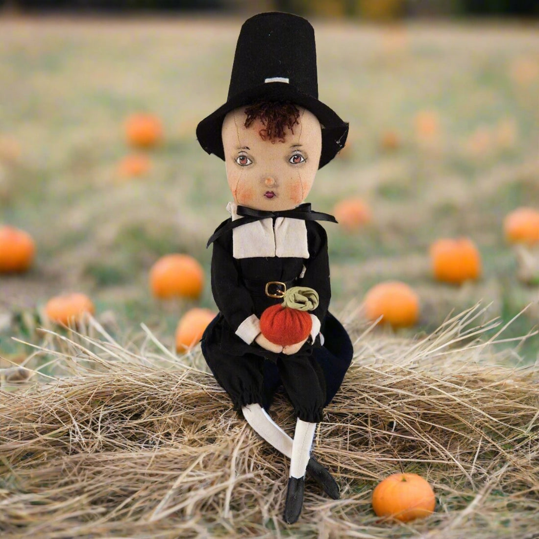 Primitive Folk art Thanksgiving Fall Adam Pilgrim Doll Joe Spencer 15" Pumpkin - The Primitive Pineapple Collection