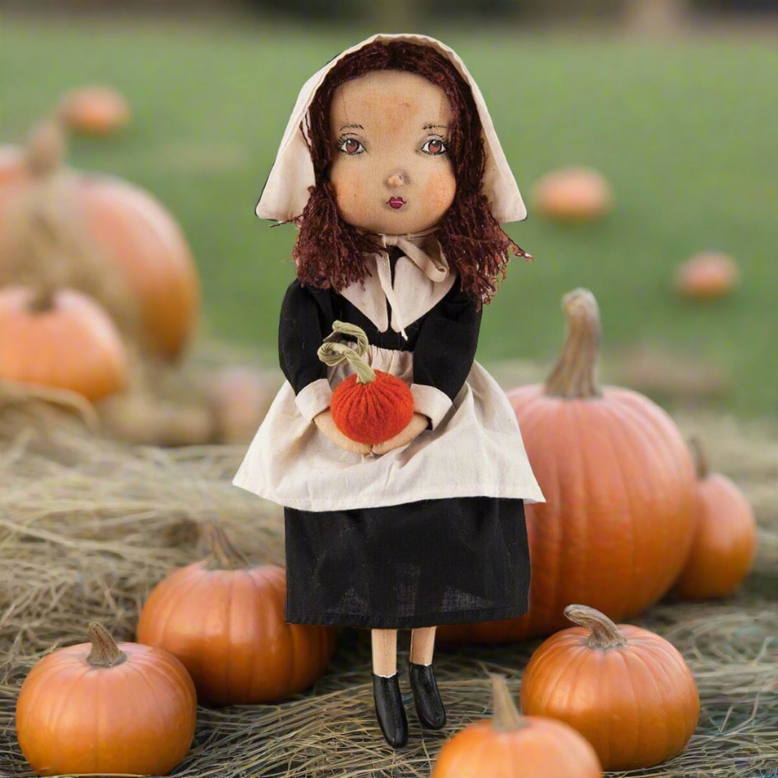 Primitive Folk art Thanksgiving Fall Eve Pilgrim Doll Joe Spencer 13.5" Pumpkin - The Primitive Pineapple Collection