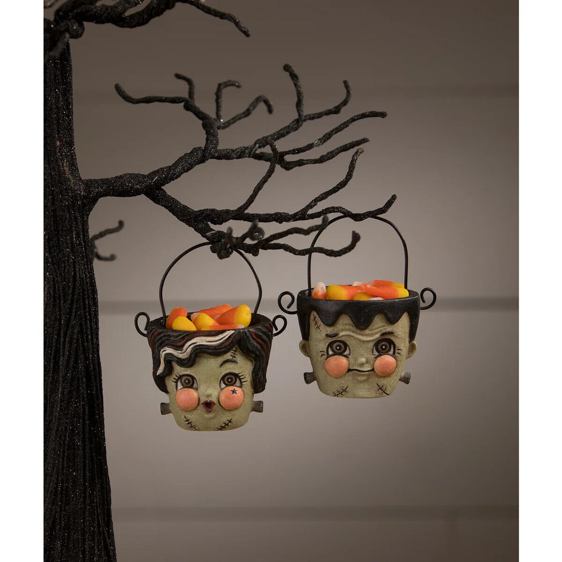 Bethany Lowe Halloween Frank &amp; Bride Teeny Halloweenie Pail ornie S2  JP1053