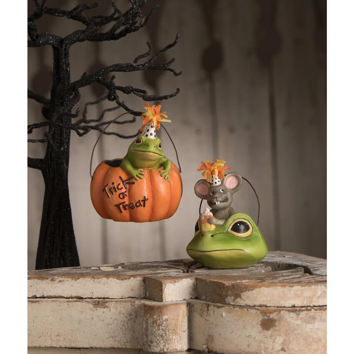 Bethany Lowe Halloween Party Frog in Pumpkin Ornament 2 pc TD1190 - The Primitive Pineapple Collection