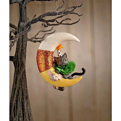 Bethany Lowe Halloween Party Kitty on Candy Corn Moon Ornament TD1192 2 pc Free - The Primitive Pineapple Collection
