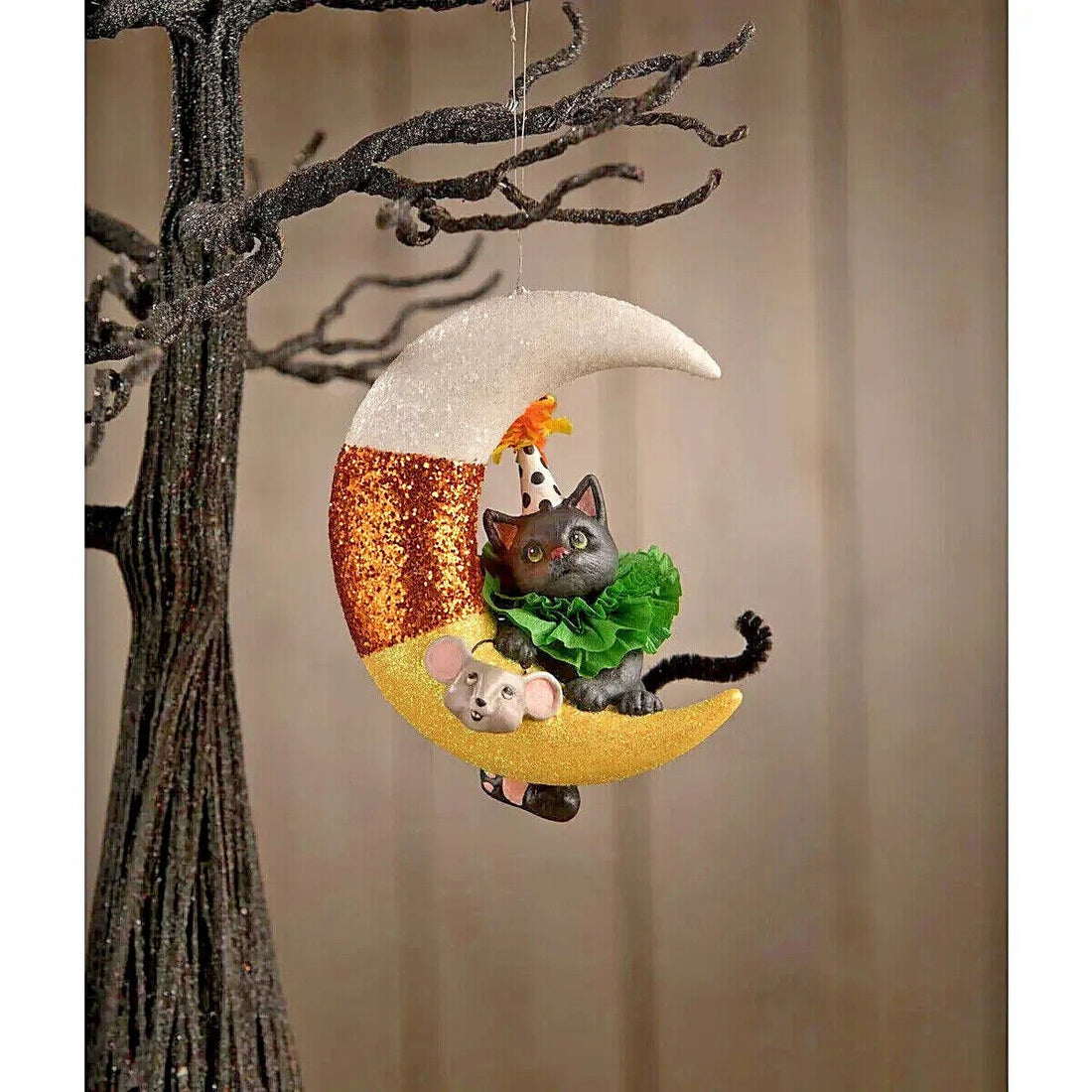 Bethany Lowe Halloween Party Kitty on Candy Corn Moon Ornament TD1192 2 pc Free - The Primitive Pineapple Collection