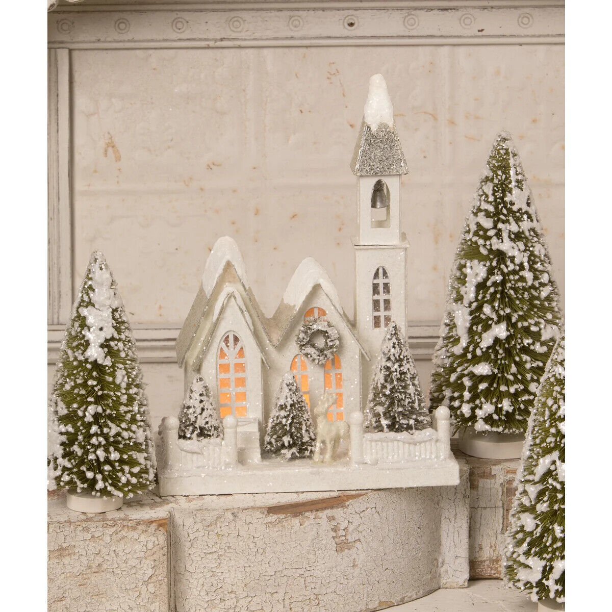 Bethany Lowe Christmas Ivory Church Medium LG1773 - The Primitive Pineapple Collection
