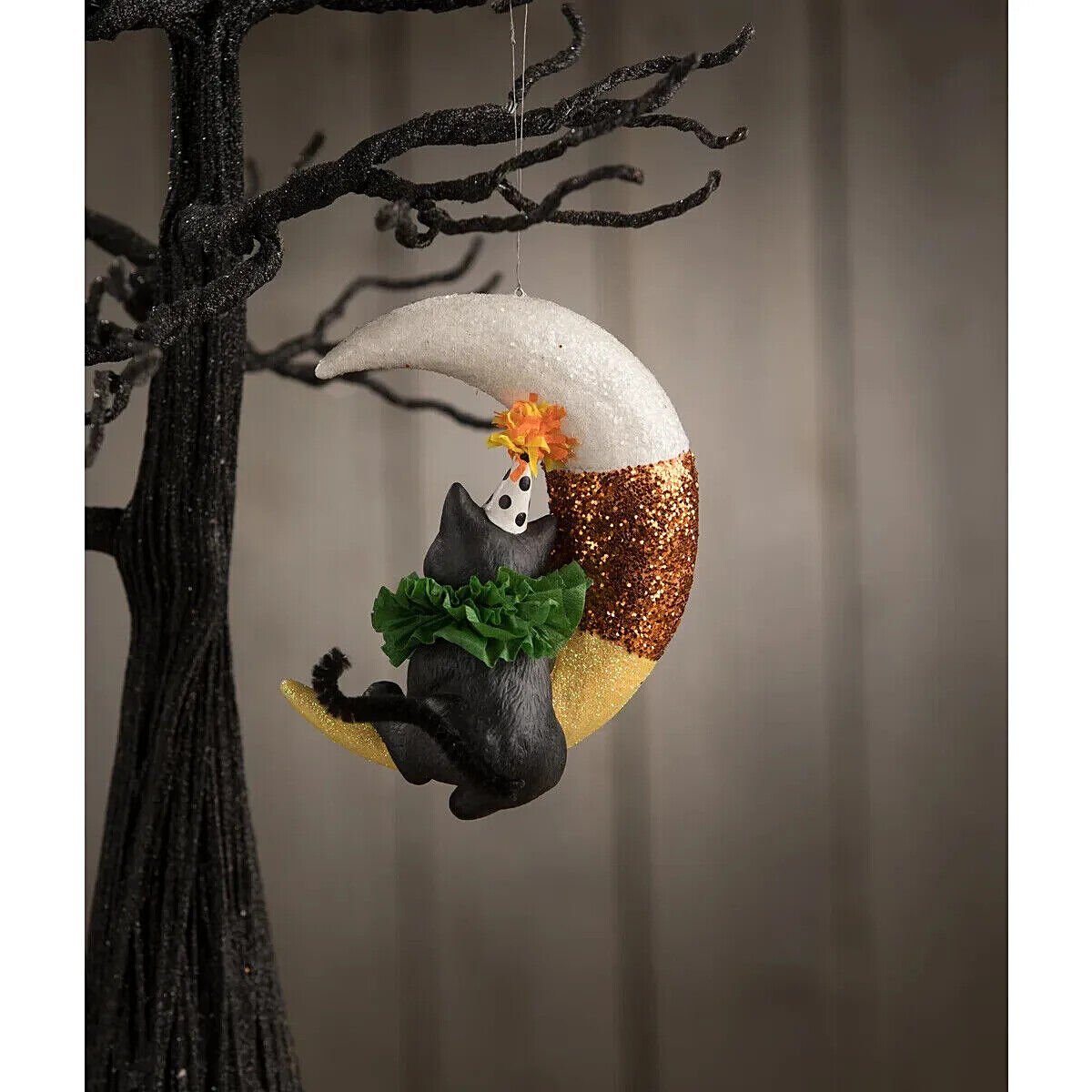 Bethany Lowe Halloween Party Kitty on Candy Corn Moon Ornament TD1192 2 pc Free - The Primitive Pineapple Collection