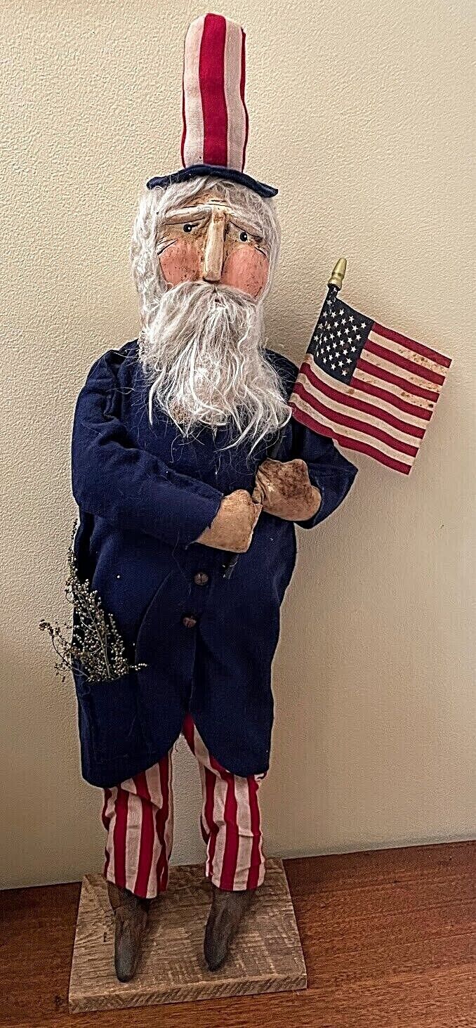 Primitive Early American Hand Sculpted Uncle Sam Clay Face Doll On Stand 28&quot; - The Primitive Pineapple Collection