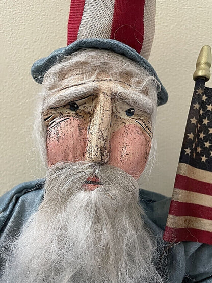 Primitive Early American Hand Sculpted Uncle Sam Clay Face Doll On Stand 22&quot; - The Primitive Pineapple Collection
