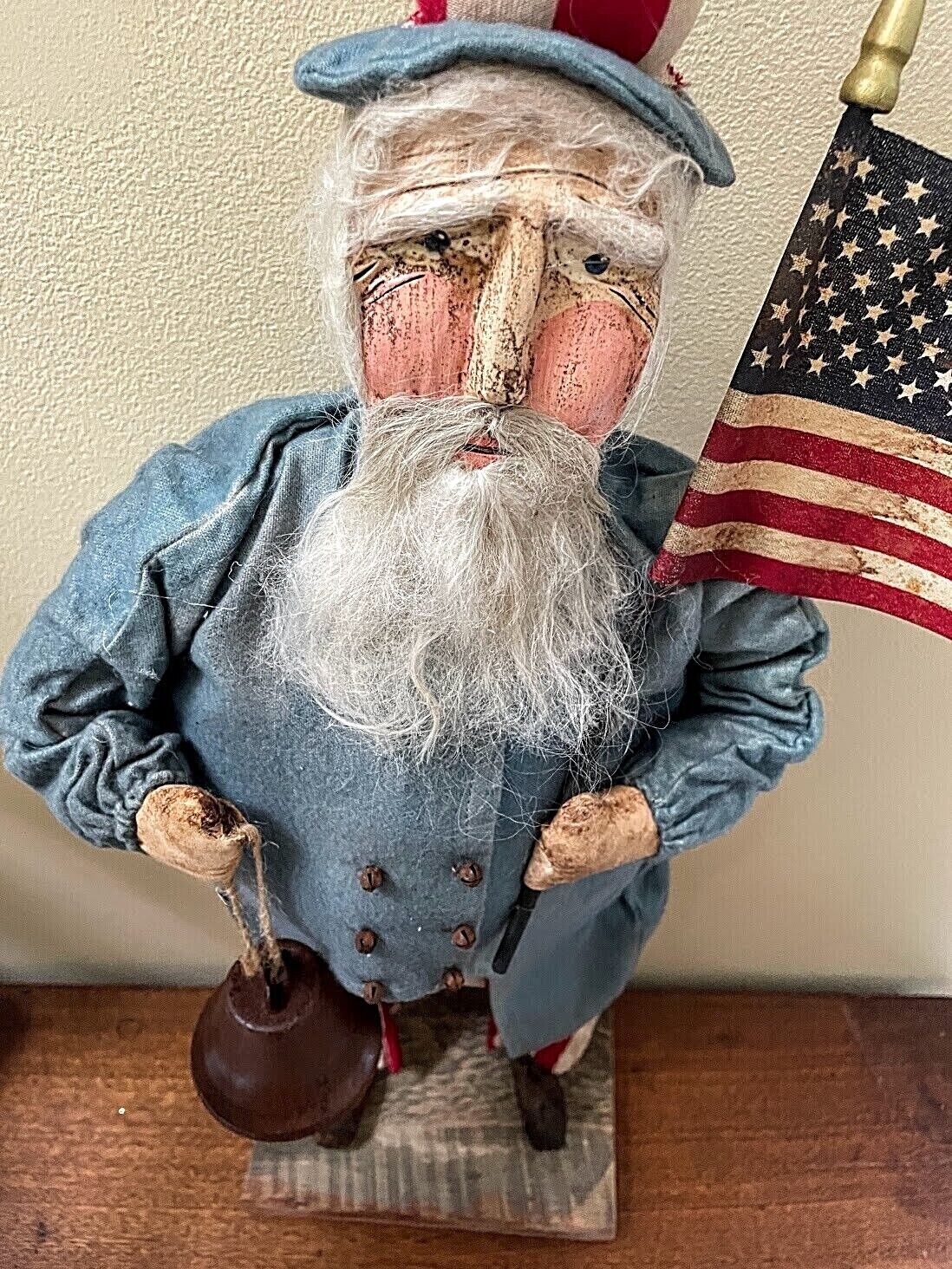 Primitive Early American Hand Sculpted Uncle Sam Clay Face Doll On Stand 22&quot; - The Primitive Pineapple Collection