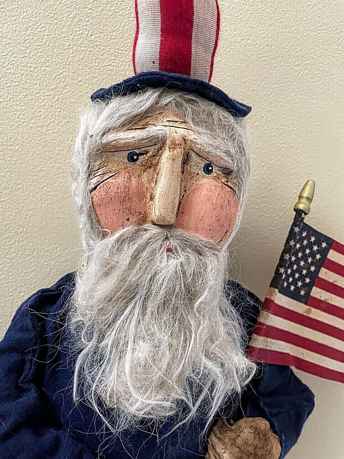 Primitive Early American Hand Sculpted Uncle Sam Clay Face Doll On Stand 28&quot; - The Primitive Pineapple Collection