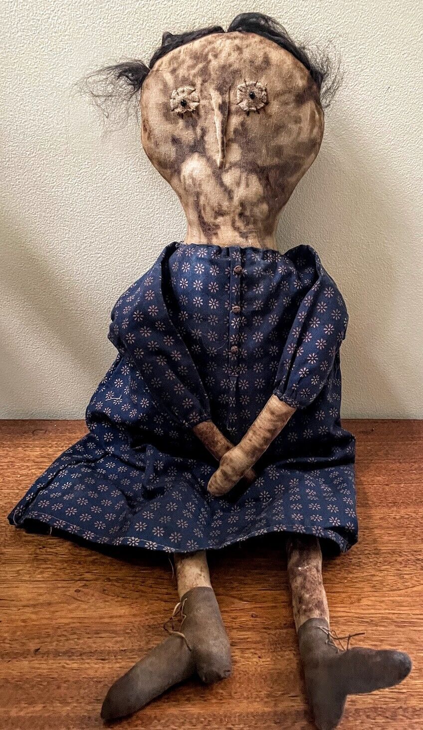 Primitive Early American Handcrafted Blue Dress White Raggedy Mae Doll 24&quot; - The Primitive Pineapple Collection