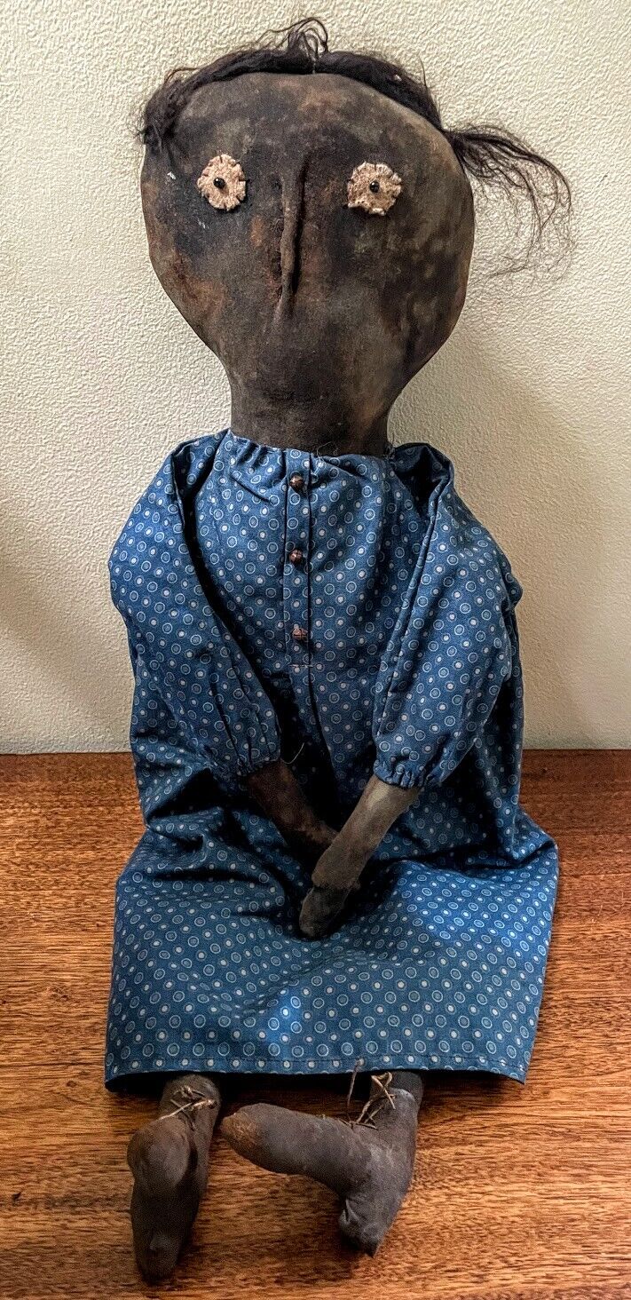 Primitive Early American Handcrafted Blue Dress Black Raggedy Mae Doll 24&quot; - The Primitive Pineapple Collection