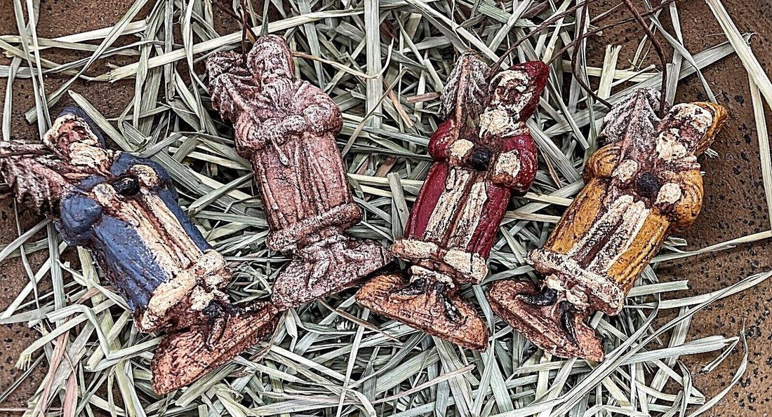 Primitive Christmas Handmade Dough Belsnickle Vintage Santa Ornaments 3&quot; 4 color - The Primitive Pineapple Collection