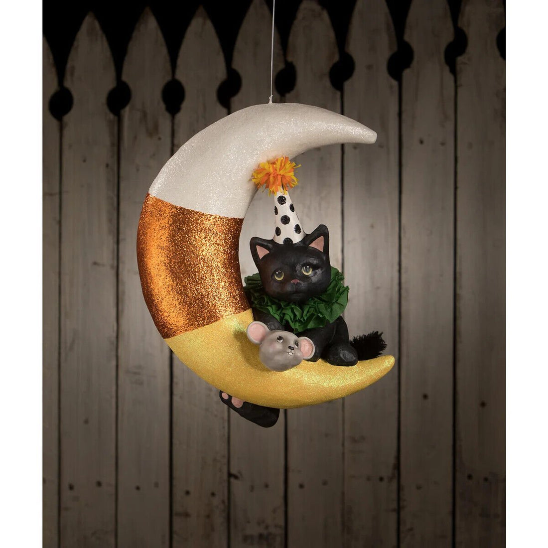 Bethany Lowe Halloween Party Kitty on Candy Corn Moon TD1193 15.75&quot; - The Primitive Pineapple Collection