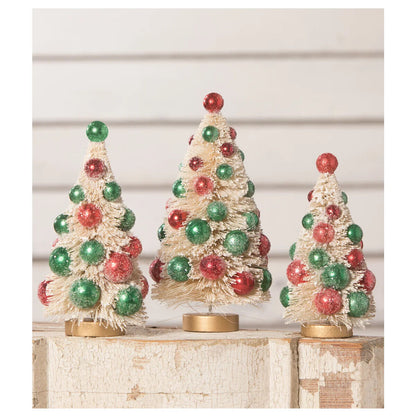 Bethany Lowe Christmas White Bottle Brush Trees Red Green Beads 3pc LC0692