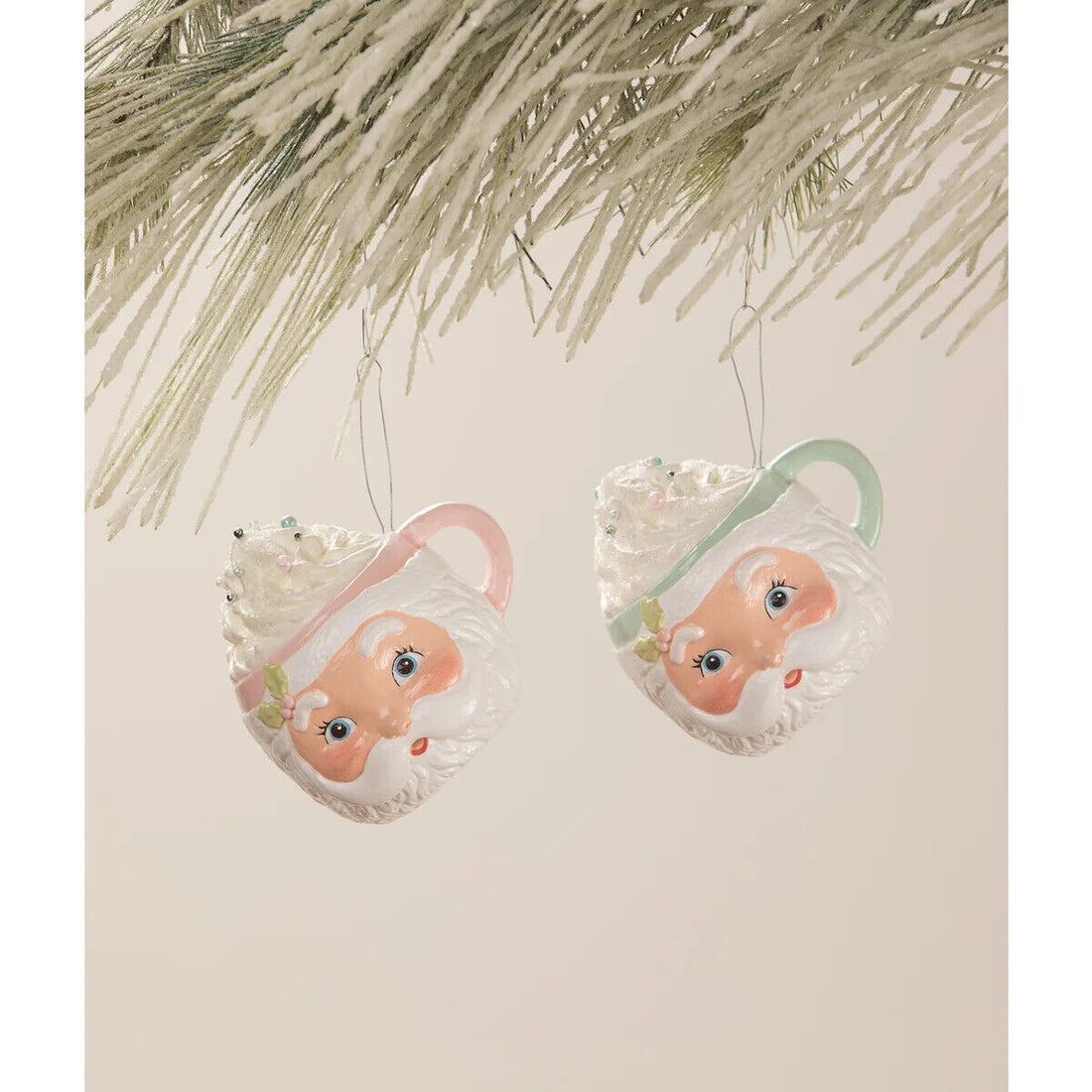 Bethany Lowe Christmas Pastel Santa Head Mug Ornaments 2 pc TF1238