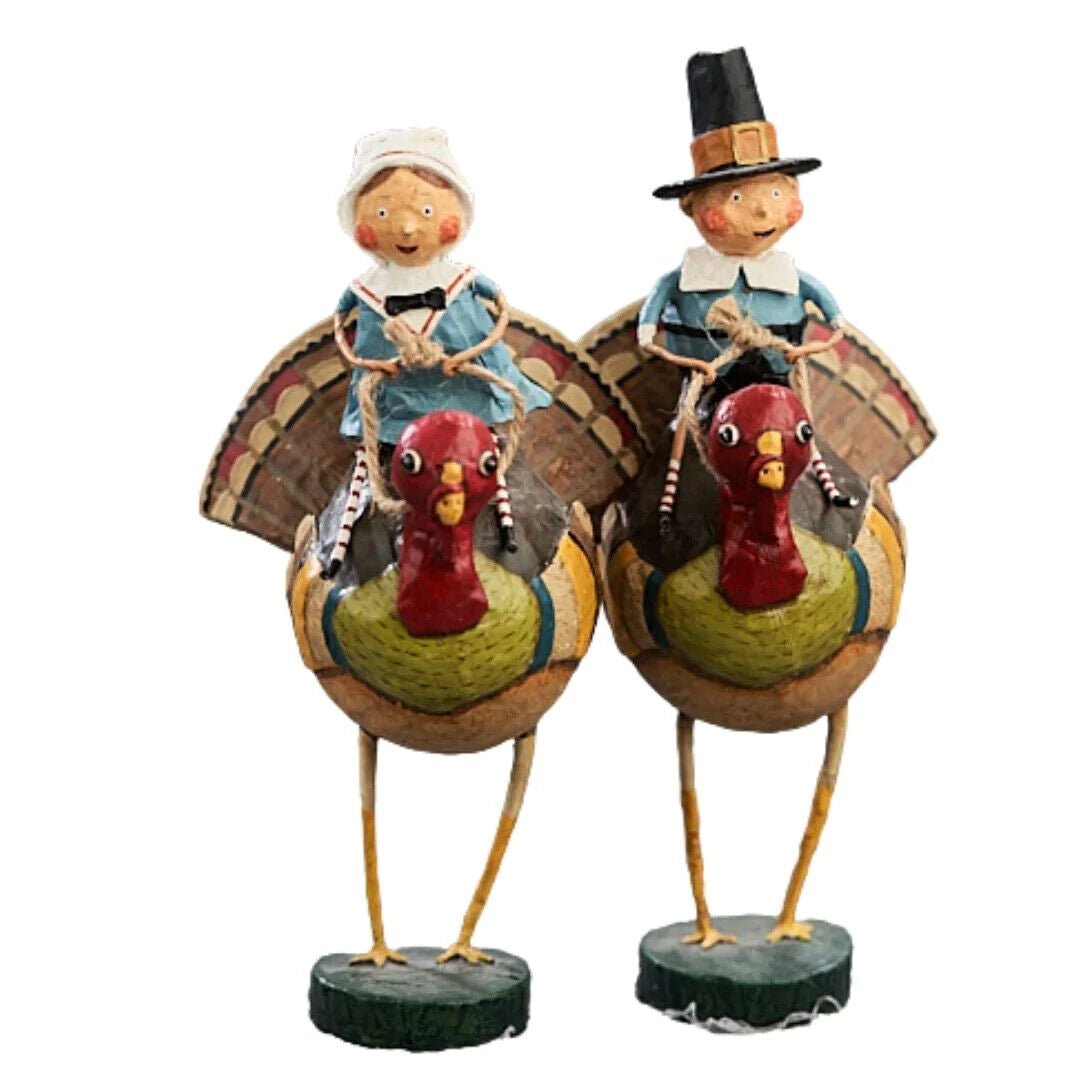 ESC Thanksgiving Fall Pilgrim Tom &amp; Goodie on Turkey Gobbler Lori Mitchell 92295 - The Primitive Pineapple Collection