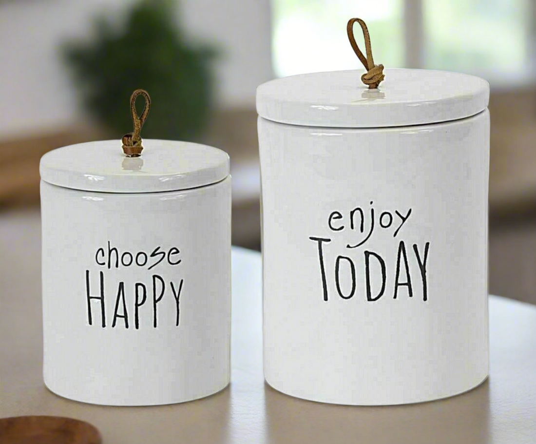 Farmhouse/Shabby Chic Decorative Canister 2pc 5.75"H, 7.25"H Stoneware - The Primitive Pineapple Collection