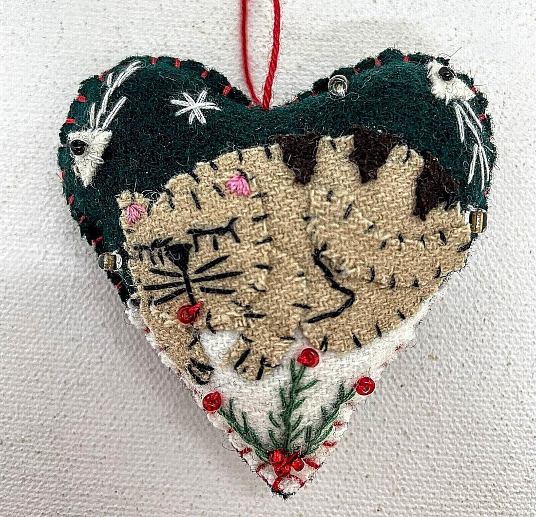 Primitive Handcrafted Christmas Applique w/ Beading Ornament Heart w/ Christmas - The Primitive Pineapple Collection