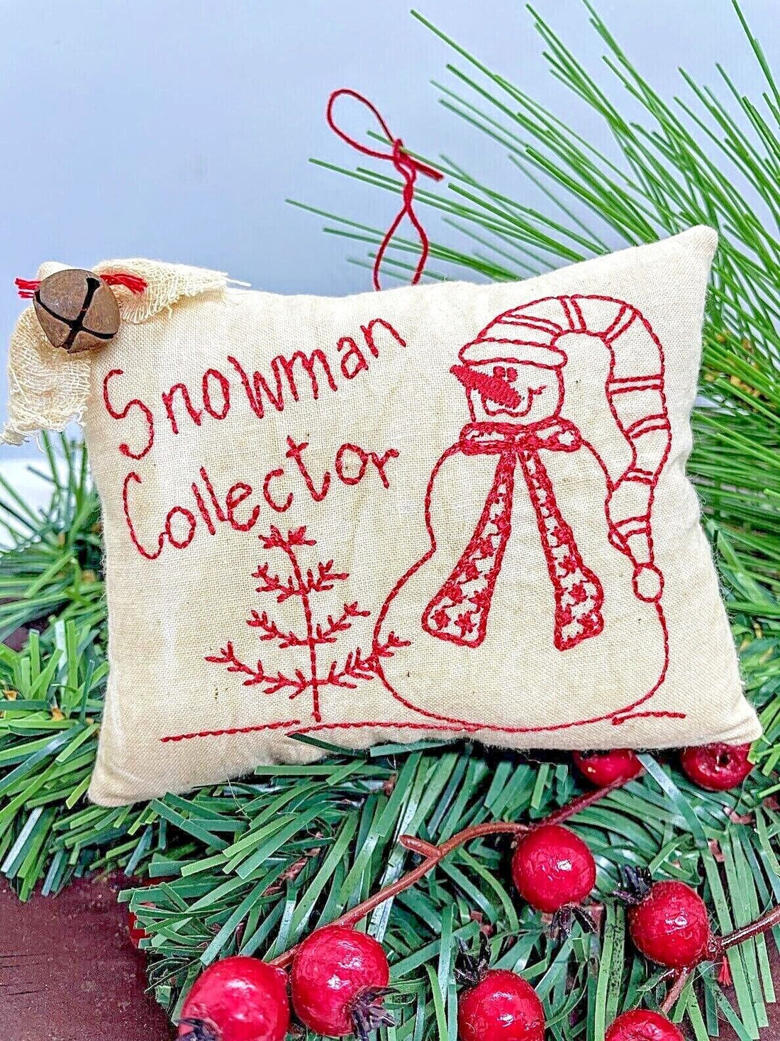 Primitive Handcrafted Christmas Red Work Embroidered Snowman Pillow Ornie 5" - The Primitive Pineapple Collection