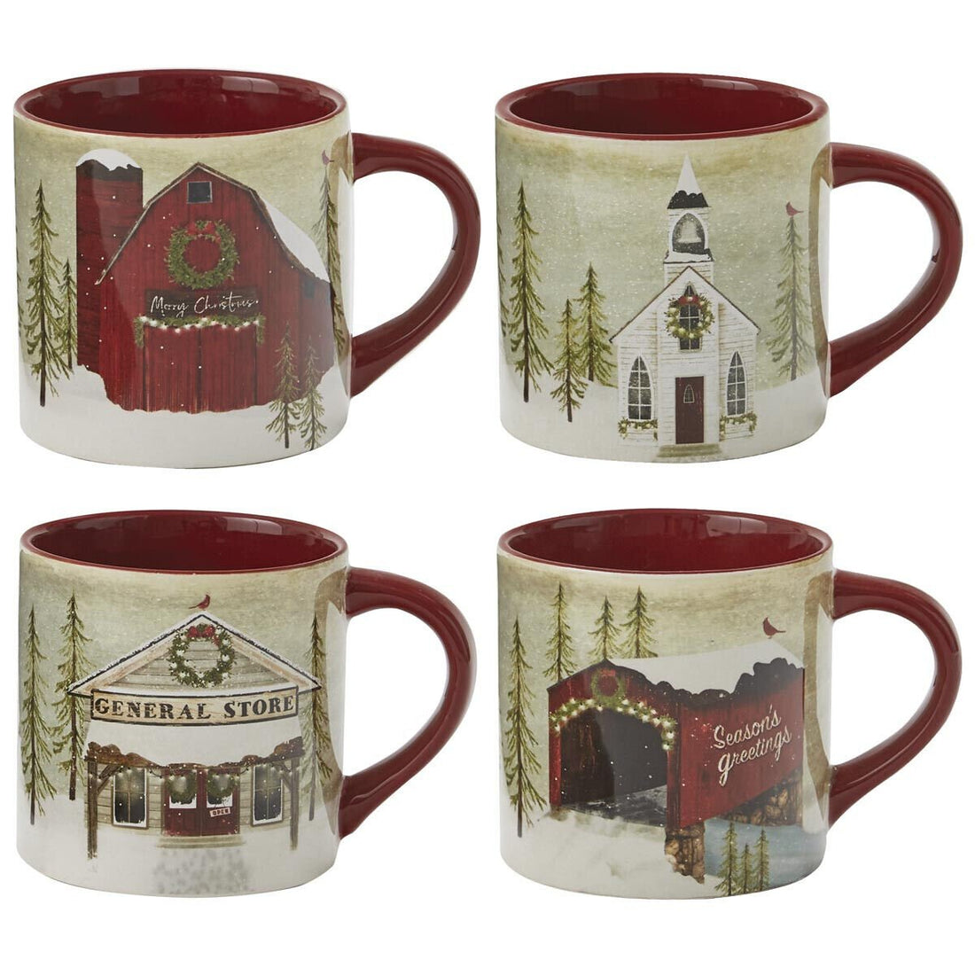 Primitive Farmhouse 4 pc Christmas Ceramic Colonial Mug Set - The Primitive Pineapple Collection