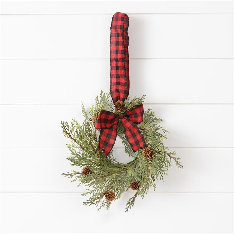 Primitive Country 13” Mini Wreath Hanger - Cedar With Cones And Buffalo Plaid Bo - The Primitive Pineapple Collection
