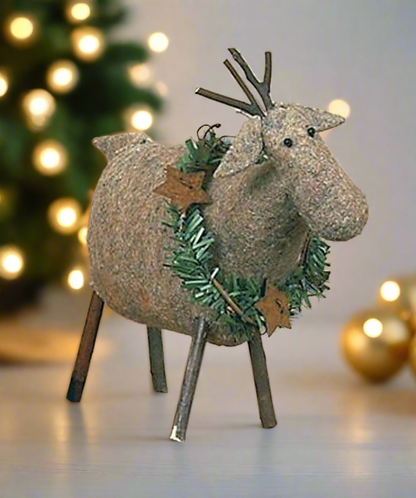 Primitive Country Honey and Me Christmas&quot; Rustic Small Reindeer w/ Antlers and Wreath - The Primitive Pineapple Collection