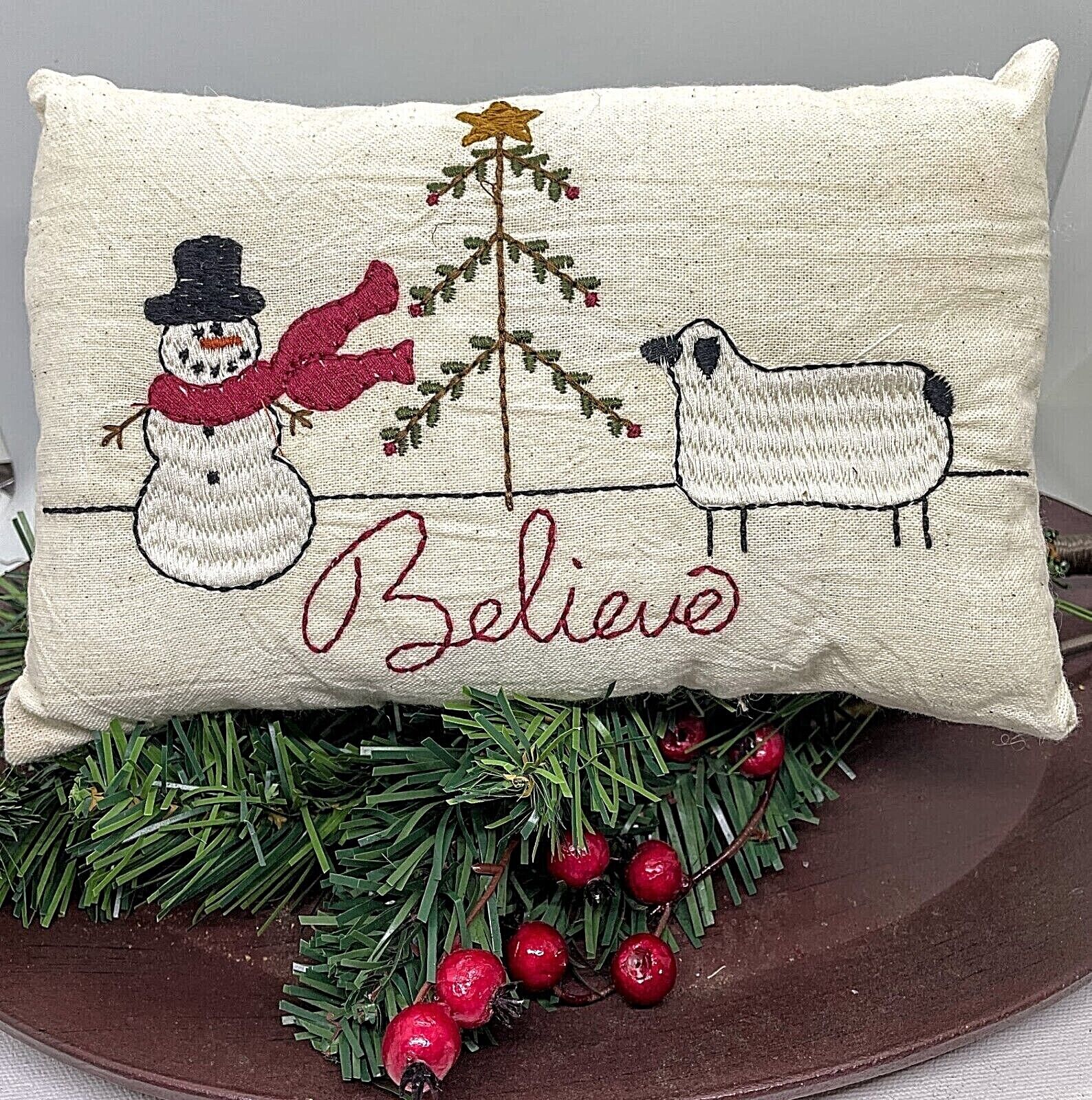 Primitive Christmas Stitched BELIEVE Snowman Sheep Tree Pillow 6&quot; x 9&quot; - The Primitive Pineapple Collection