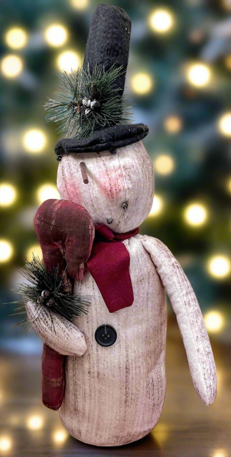 Primitive Christmas 23&quot; Stump Snowman Doll w/ Candy Cane and Greens - The Primitive Pineapple Collection