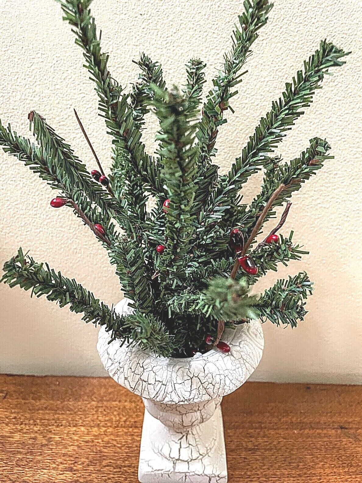 Primitive Christmas White Crackle Urn w/ Greens red Pip Berries 12&quot; H - The Primitive Pineapple Collection