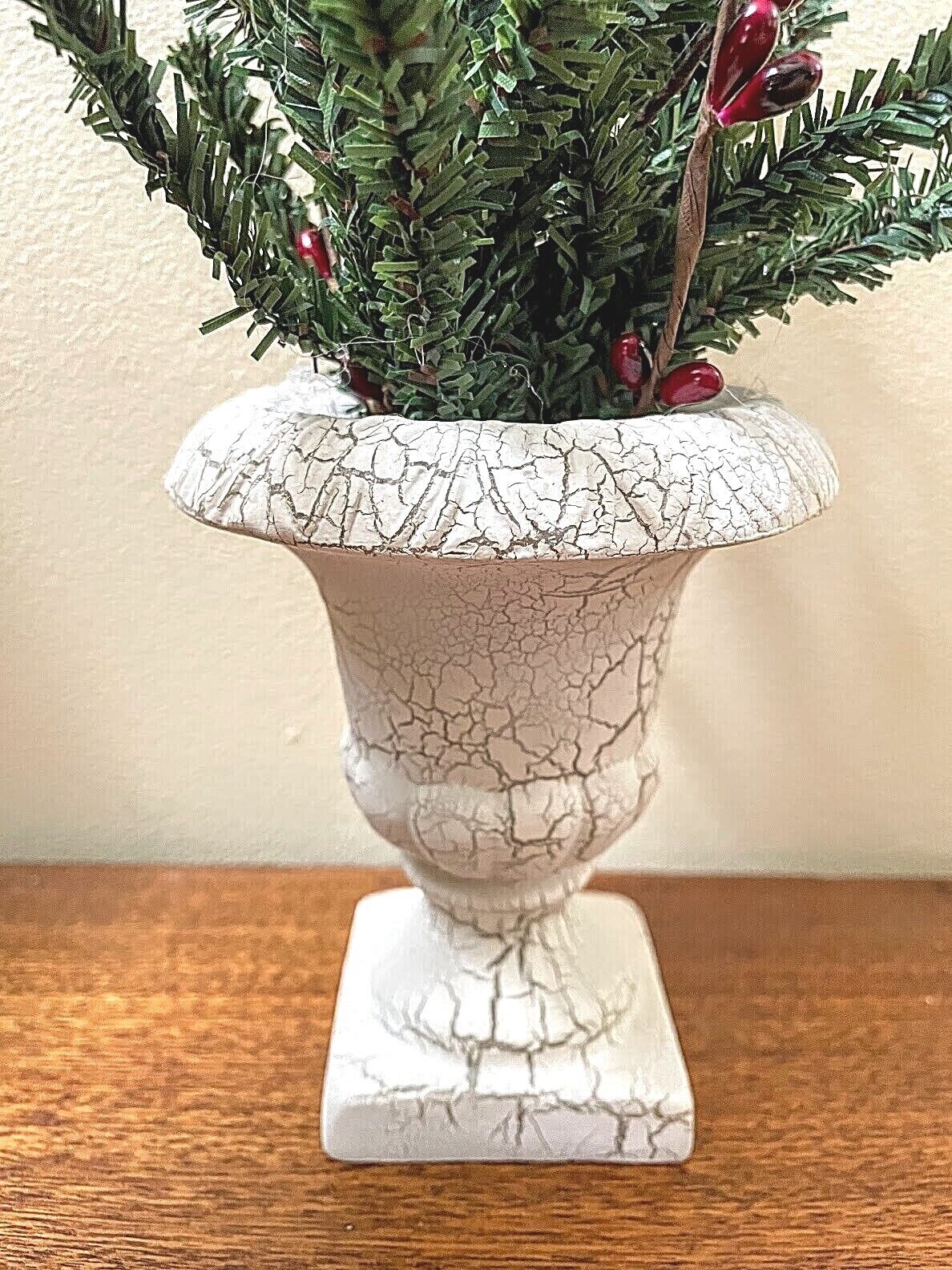 Primitive Christmas White Crackle Urn w/ Greens red Pip Berries 12&quot; H - The Primitive Pineapple Collection