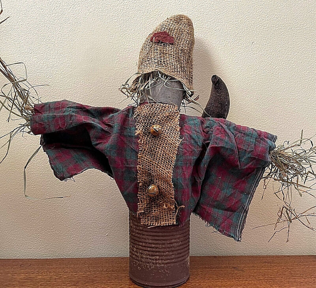 Extreme Primitive Fall Halloween Charlie Scarecrow Doll in Can w/ Crow 13&quot; - The Primitive Pineapple Collection