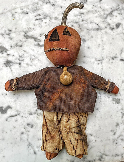 Primitive Folk Art Carl Pumpkin Man Doll 14&quot; w/ Gourd - The Primitive Pineapple Collection
