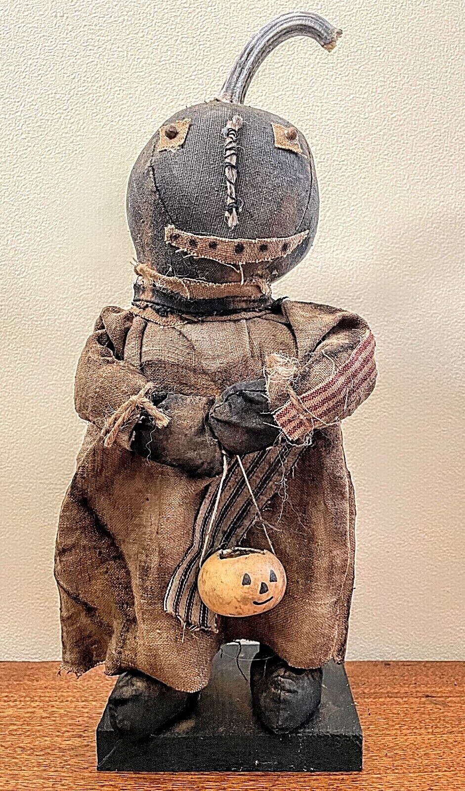 Primitive Folk Art Mary Pumpkin Girl Doll on Stand 15&quot; w/ JOL Gourd - The Primitive Pineapple Collection