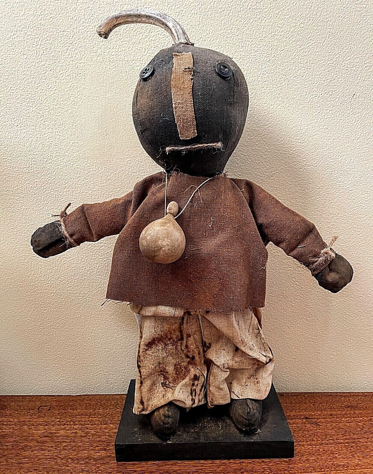 Primitive Folk Art Davey Pumpkin Boy Doll on Stand 15&quot; w/ JOL Gourd - The Primitive Pineapple Collection