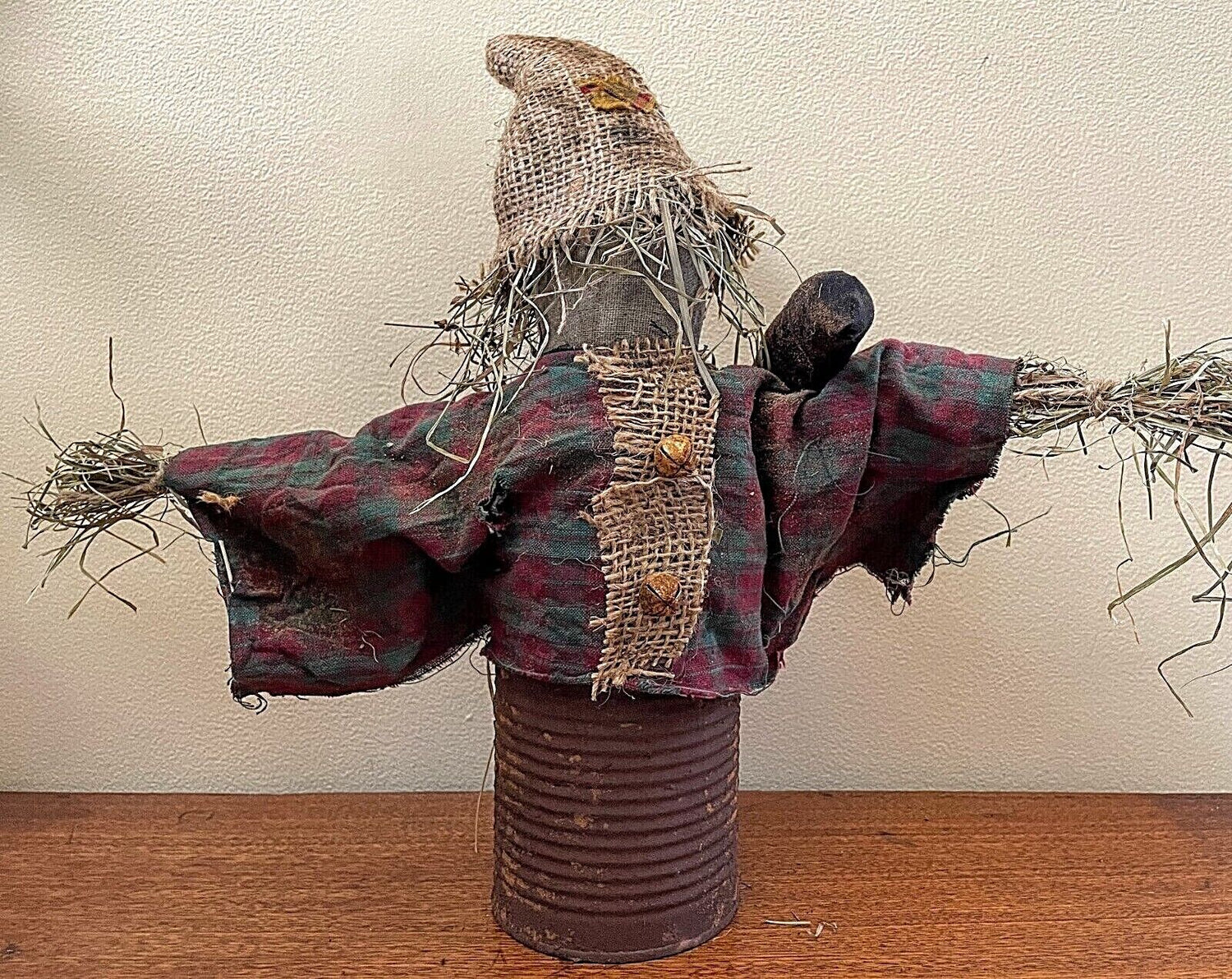 Extreme Primitive Fall Halloween Willie Scarecrow Doll in Can w/ Crow 13&quot; - The Primitive Pineapple Collection