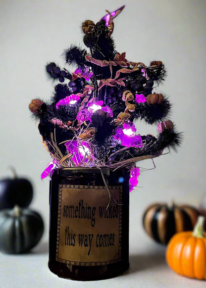 Primitive Handcrafted Black Halloween 13&quot; Tree in Crock w/ Lights - The Primitive Pineapple Collection