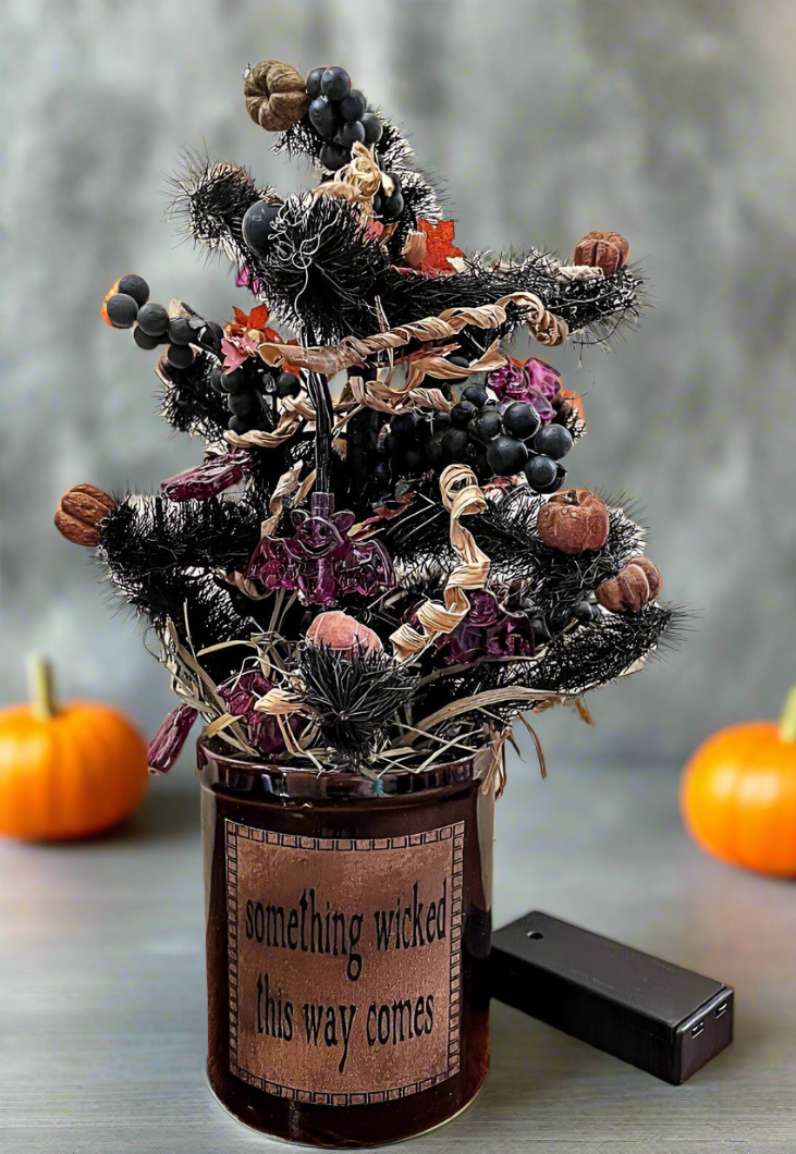 Primitive Handcrafted Black Halloween 13&quot; Tree in Crock w/ Lights - The Primitive Pineapple Collection