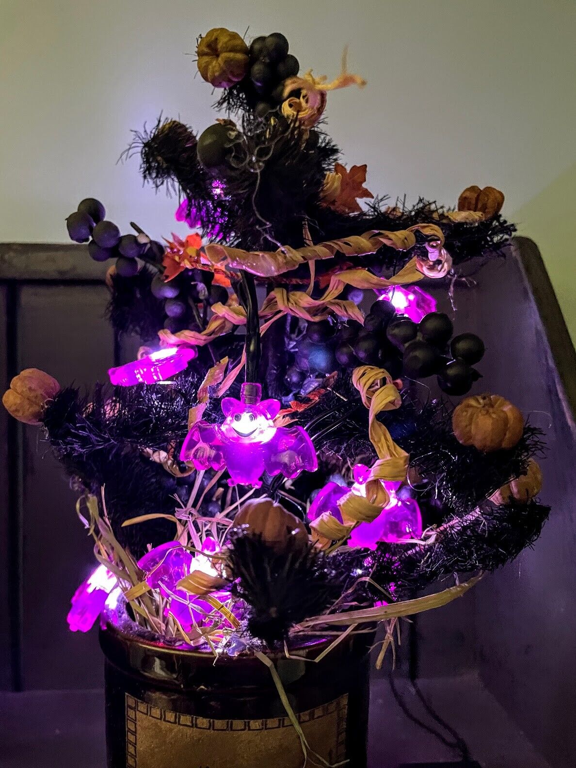 Primitive Handcrafted Black Halloween 13&quot; Tree in Crock w/ Lights - The Primitive Pineapple Collection