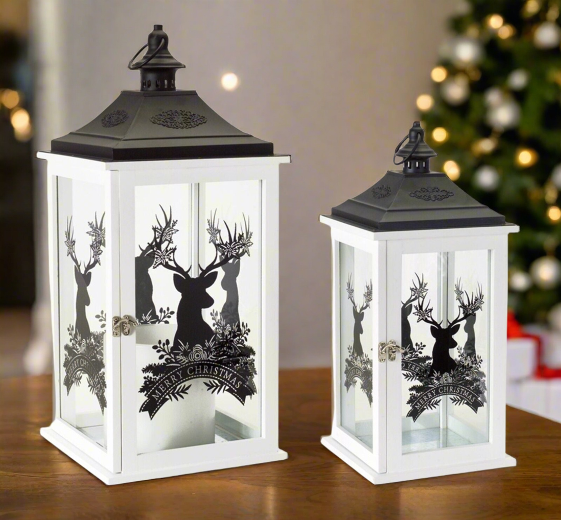 Holiday Merry Christmas Lantern 2pc Reindeer 17.5&quot;H, 22.75&quot;H Wood - The Primitive Pineapple Collection