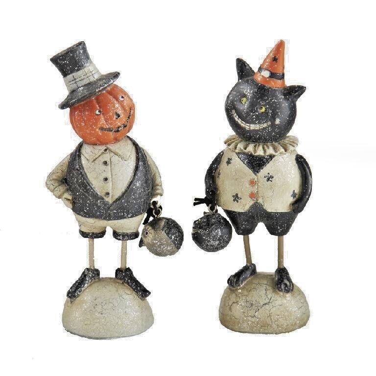 Vintage Retro Look Halloween Black Cat and Pumpkin Man 2pc Figurine Set - The Primitive Pineapple Collection