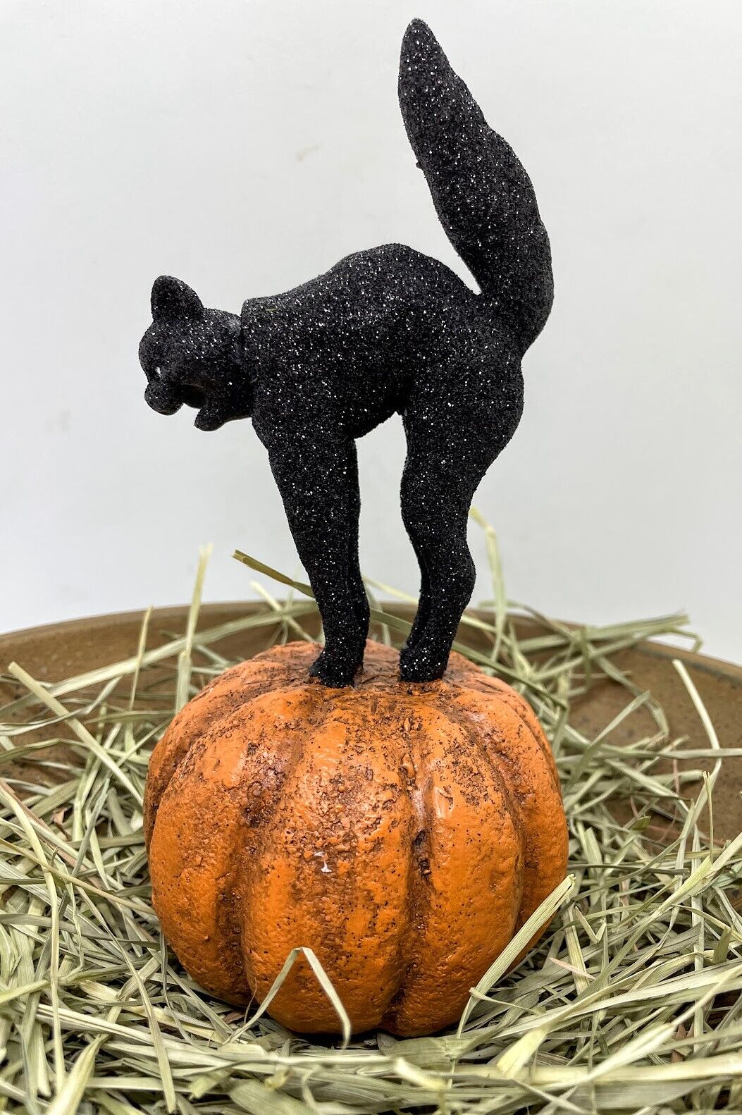 Primitive Country Black Bobble Head Halloween Cat on Pumpkin 8&quot; x 4&quot; - The Primitive Pineapple Collection