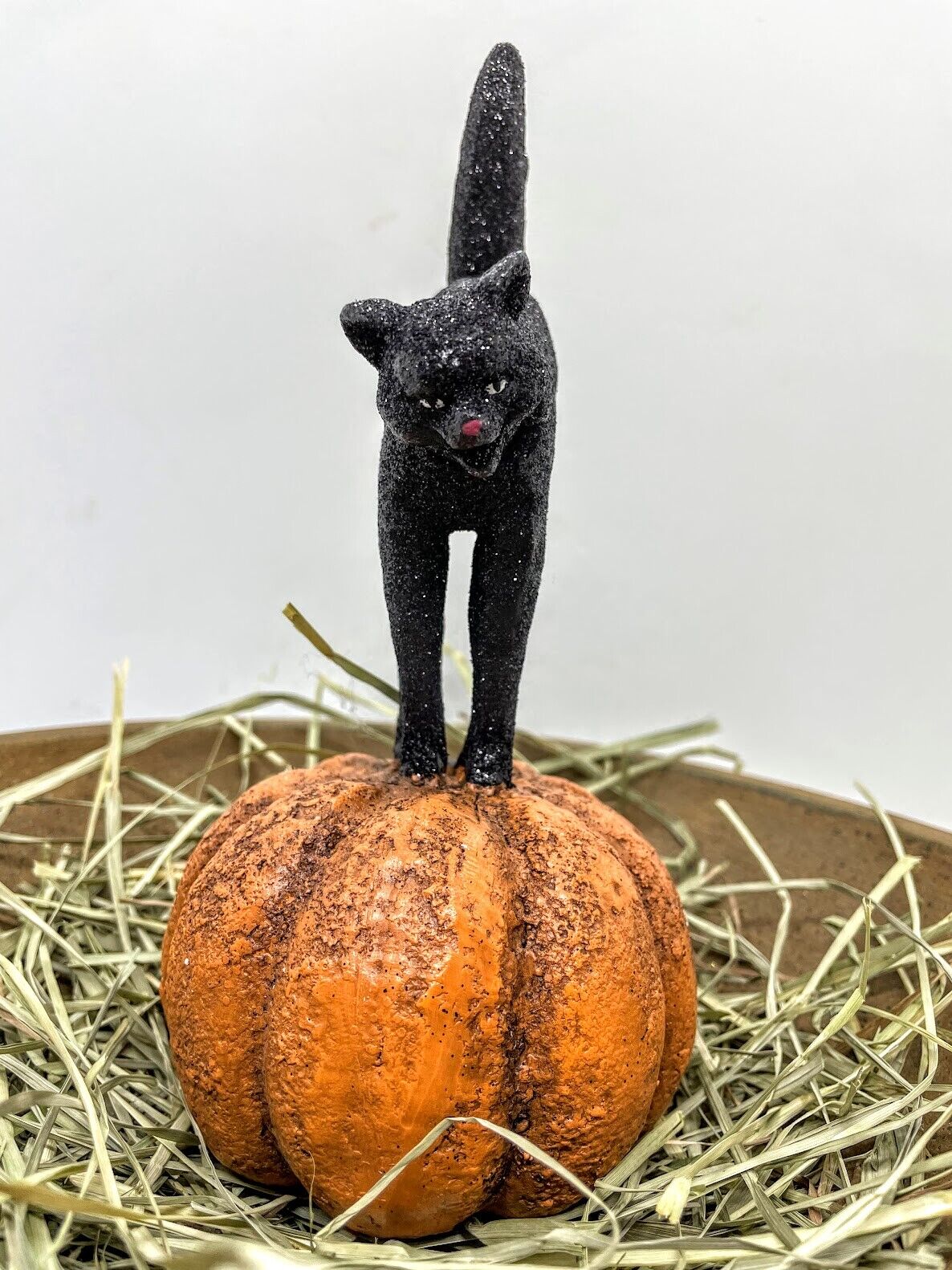 Primitive Country Black Bobble Head Halloween Cat on Pumpkin 8&quot; x 4&quot; - The Primitive Pineapple Collection