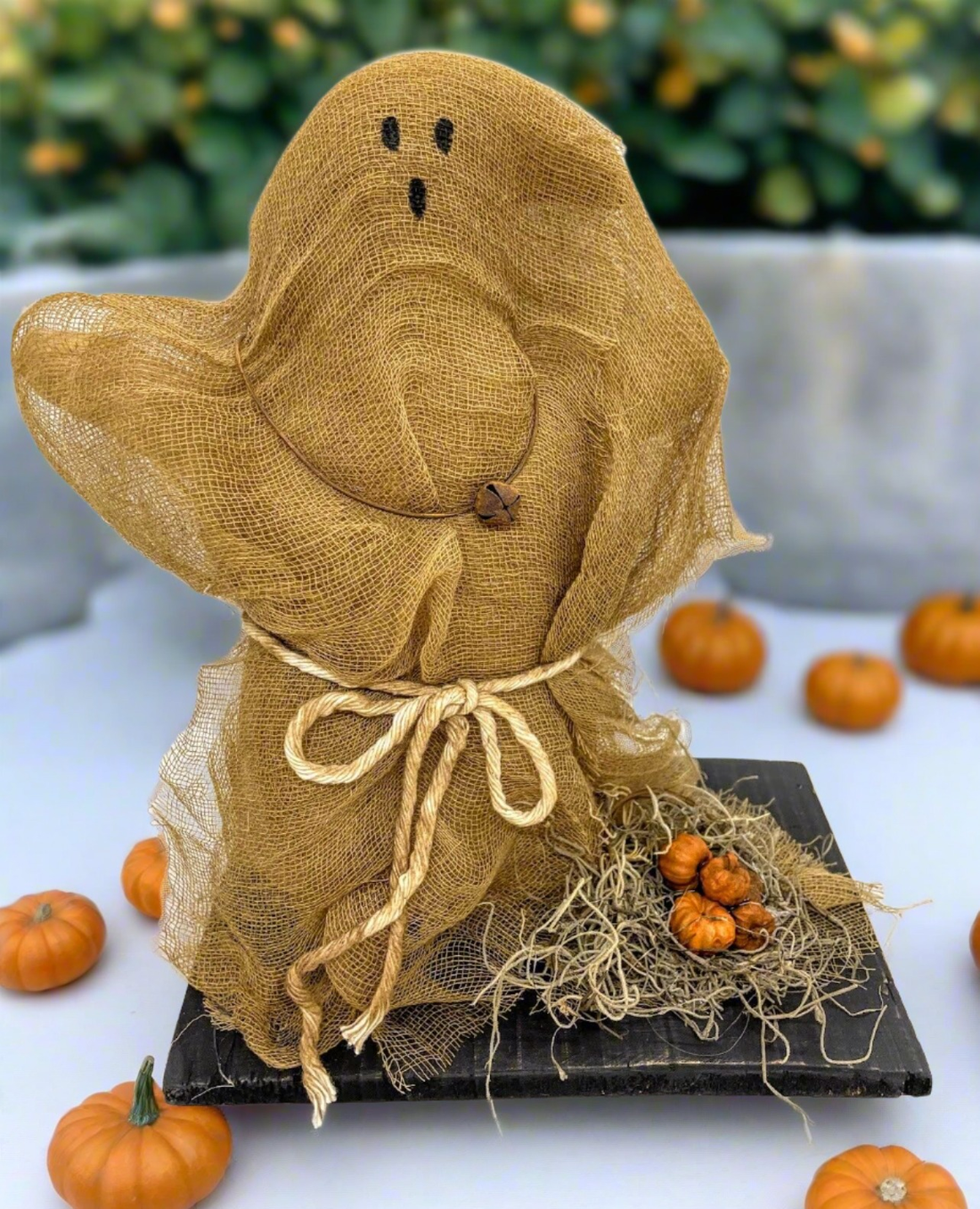 Primitive Handcrafted Halloween Ghost with Puka Pod Pumpkins on Stand 10&quot; - The Primitive Pineapple Collection