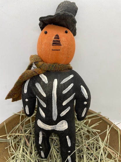 Primitive Handcrafted Halloween Pumpkin Skeleton Man 11&quot; Doll - The Primitive Pineapple Collection