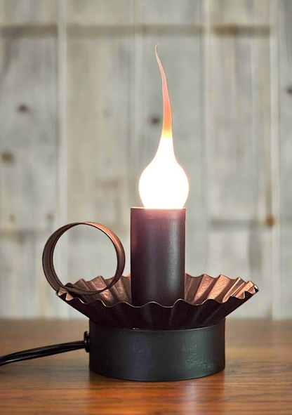 Primitive Colonial Tin Cottage Chamberstick Kettle Black w/ Silicone Light Bulb - The Primitive Pineapple Collection