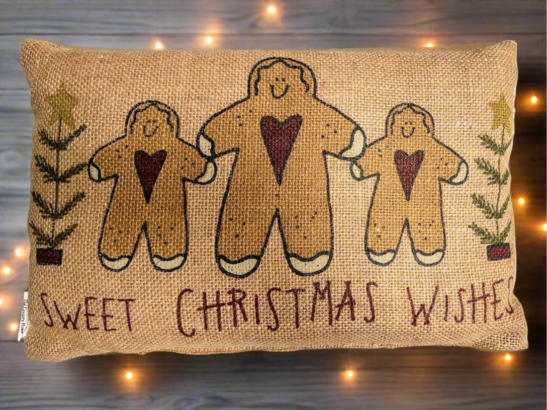 Primitive Christmas Sweet Gingerbread Man Wishes Small Burlap Pillow, 8" x 12" - The Primitive Pineapple Collection