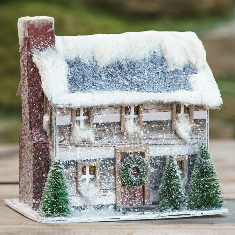 Primitive Farm Christmas Light Up Snowy Log Cabin Salt Box House Putz 6&quot; Ragon House - The Primitive Pineapple Collection