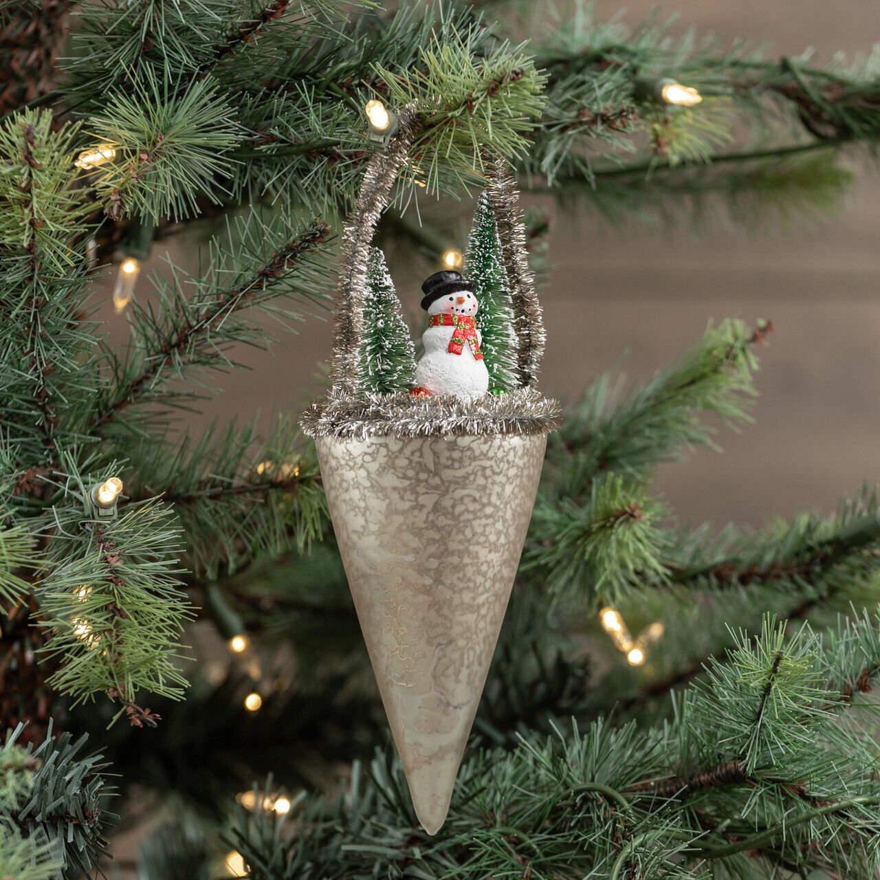 Christmas Retro Looking Snowman w/ Bottle Brush tree Cone Ornament Ragon House - The Primitive Pineapple Collection